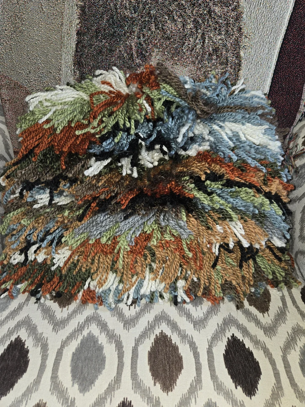 Multicolor Shag Fringe Clutch - Black, Green & Rust Tones